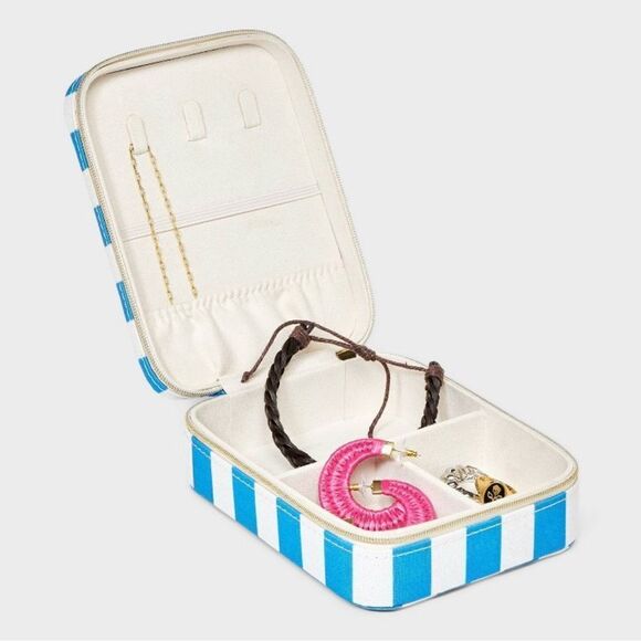 A New Day Blue White Striped Rectangular Structured Zip Travel Jewely Organizer - Picture 6 of 6